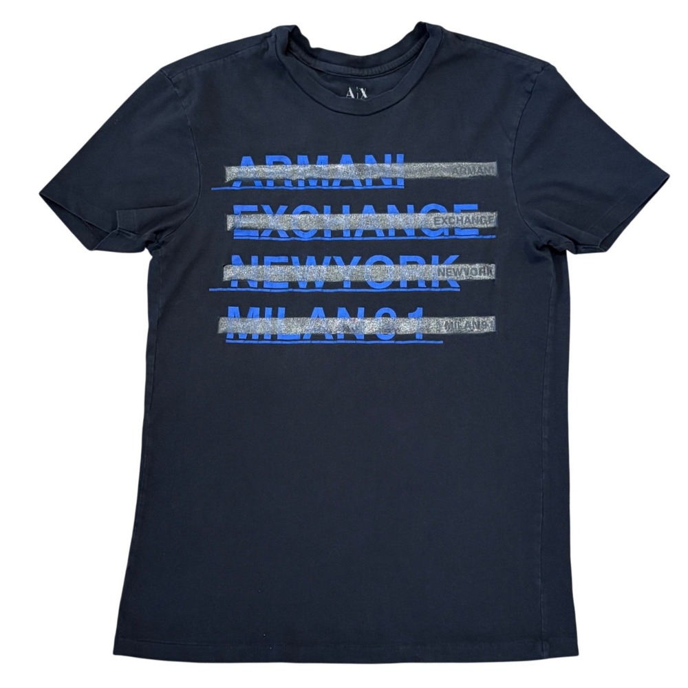 Armani Exchange T-Shirt Mens XS Black Blue Silver Glitter Graphic Logo Tee